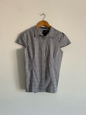 Brandy Melville Navy/ White Check Short-Sleeve Button-Up Shirt